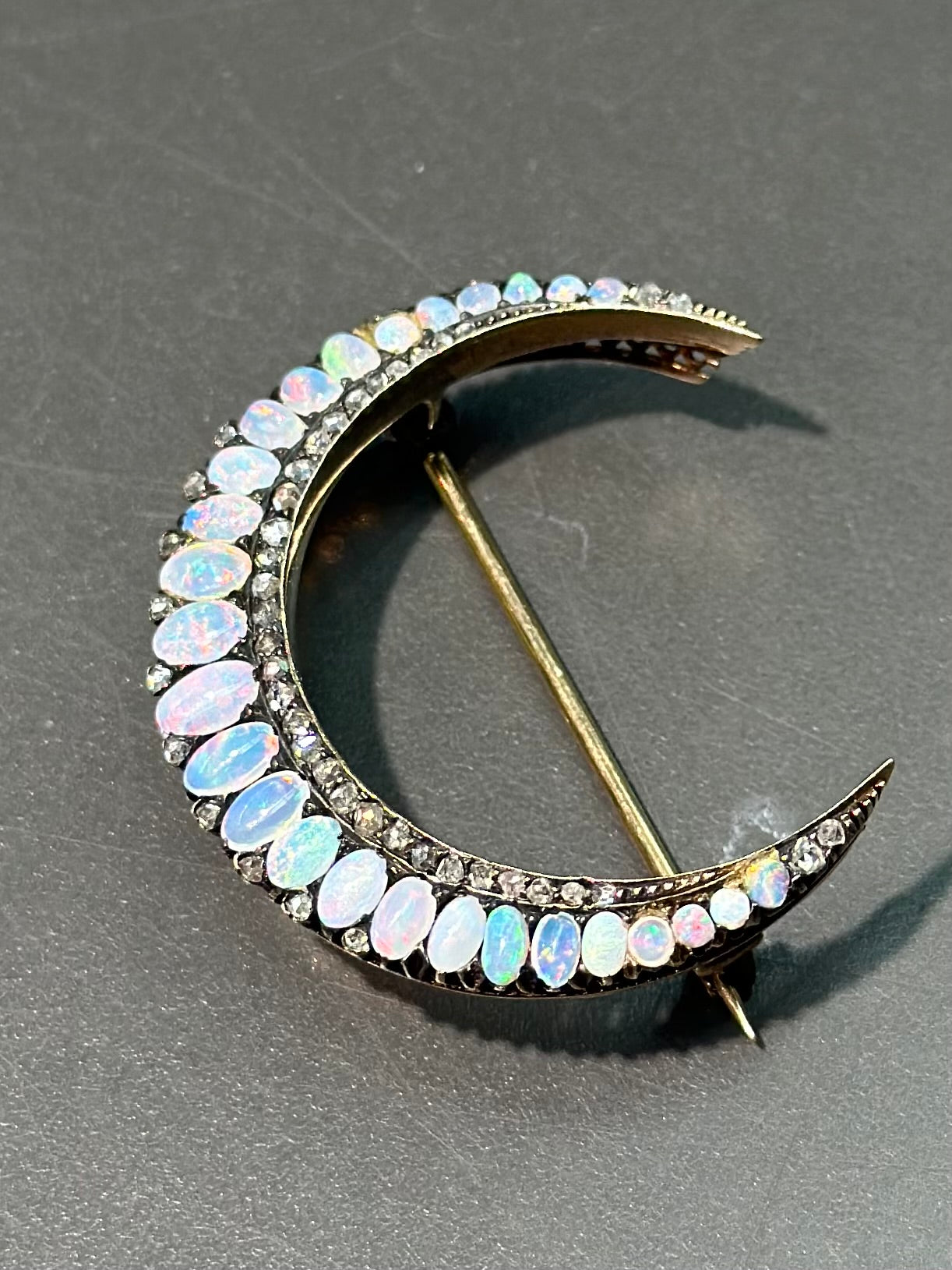 Victorian 14K Gold Opal Diamond Crescent Brooch