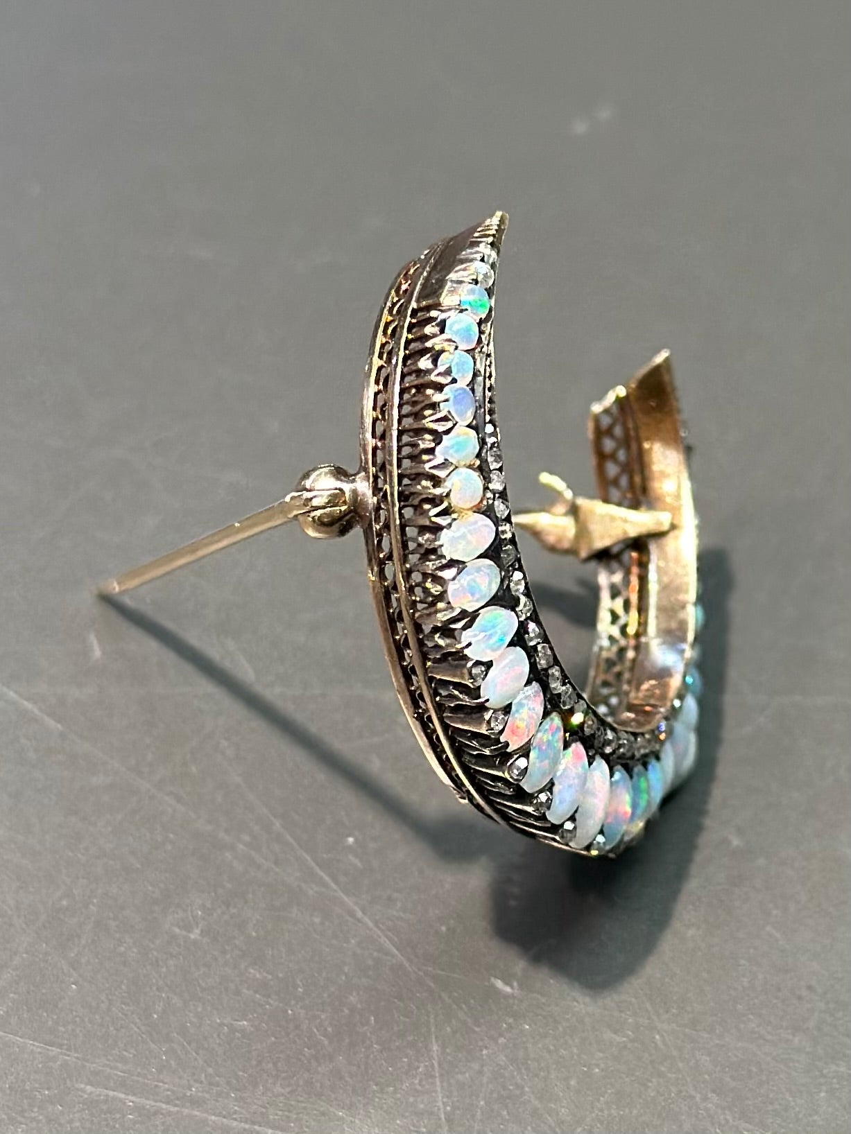 Victorian 14K Gold Opal Diamond Crescent Brooch