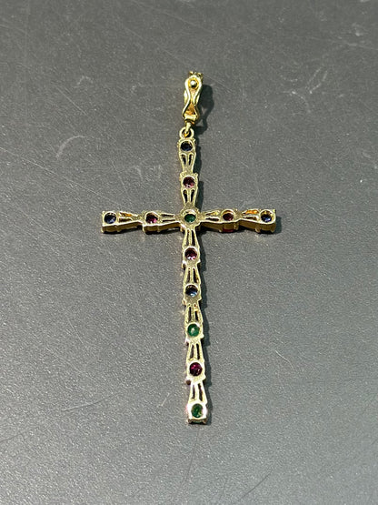 14K 金蓝宝石红宝石绿宝石十字架吊坠