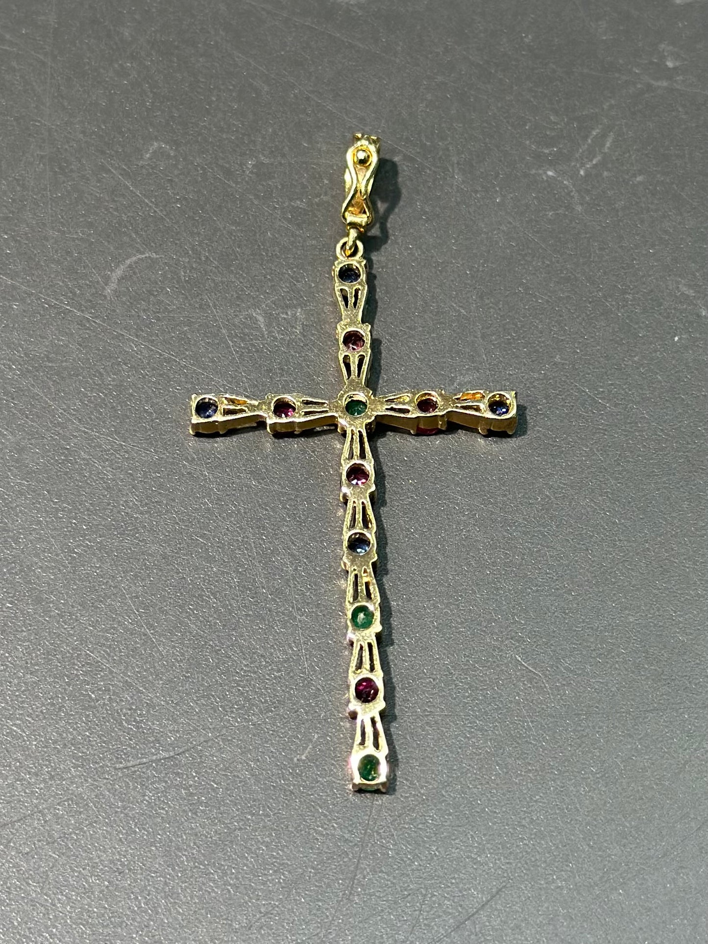 14K Gold Sapphire Ruby Emerald Cross Pendant