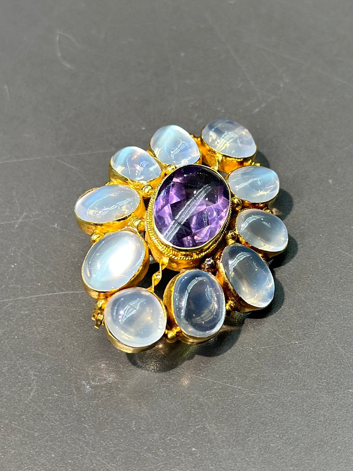 Georgian 14K Gold Moonstone Faceted Amethyst Brooch