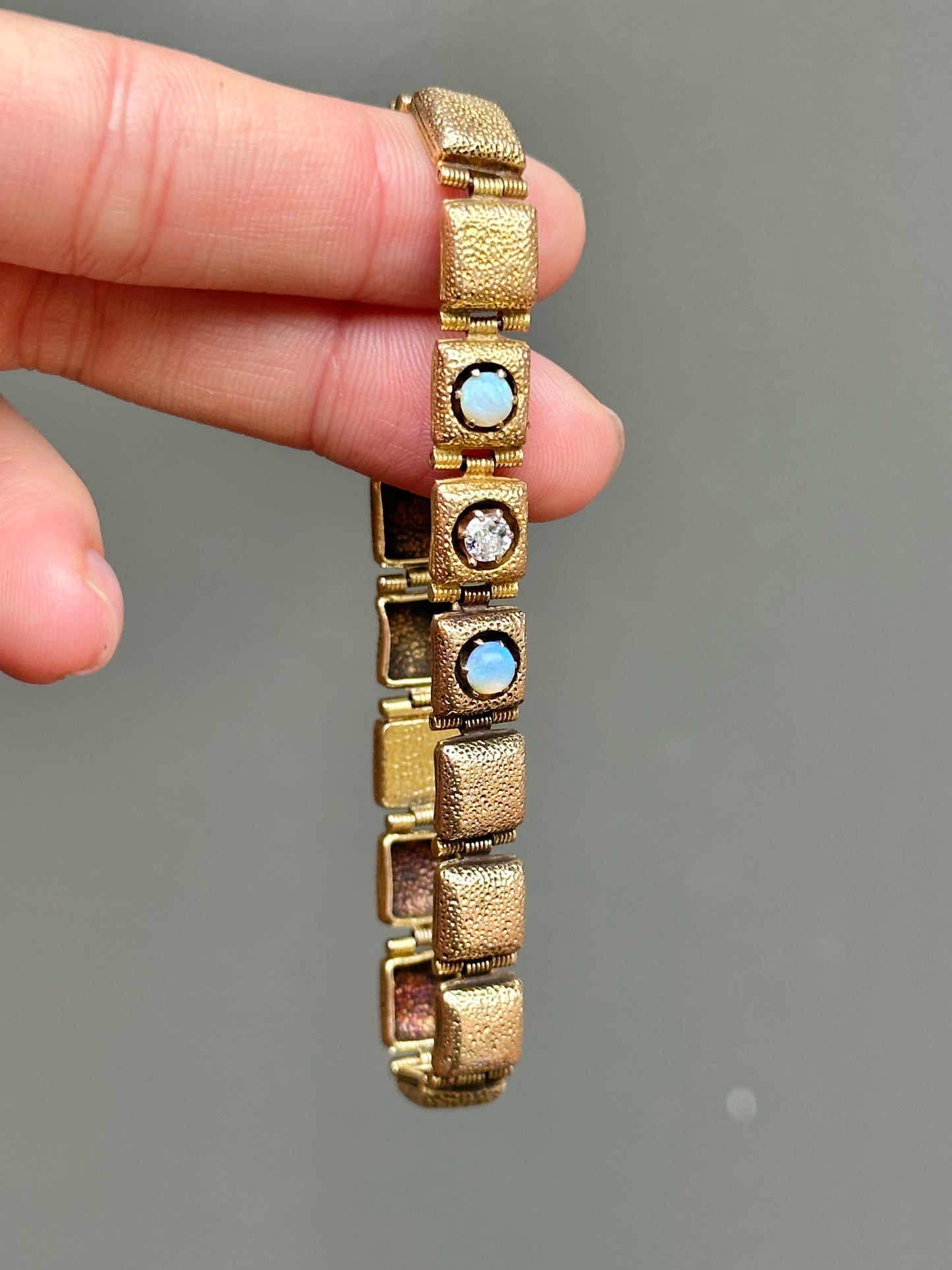 Victorian 14K Gold Opal and Diamond Square Button Bracelet