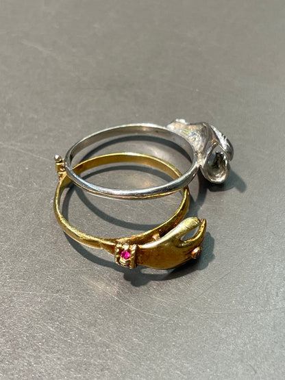 Victorian 18K Yellow Gold and Platinum Ruby Diamond Gimmel Hand Ring