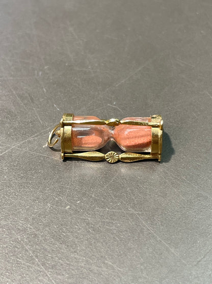 Vintage 14K Yellow Gold Working Red Sand Hourglass Charm Pendant