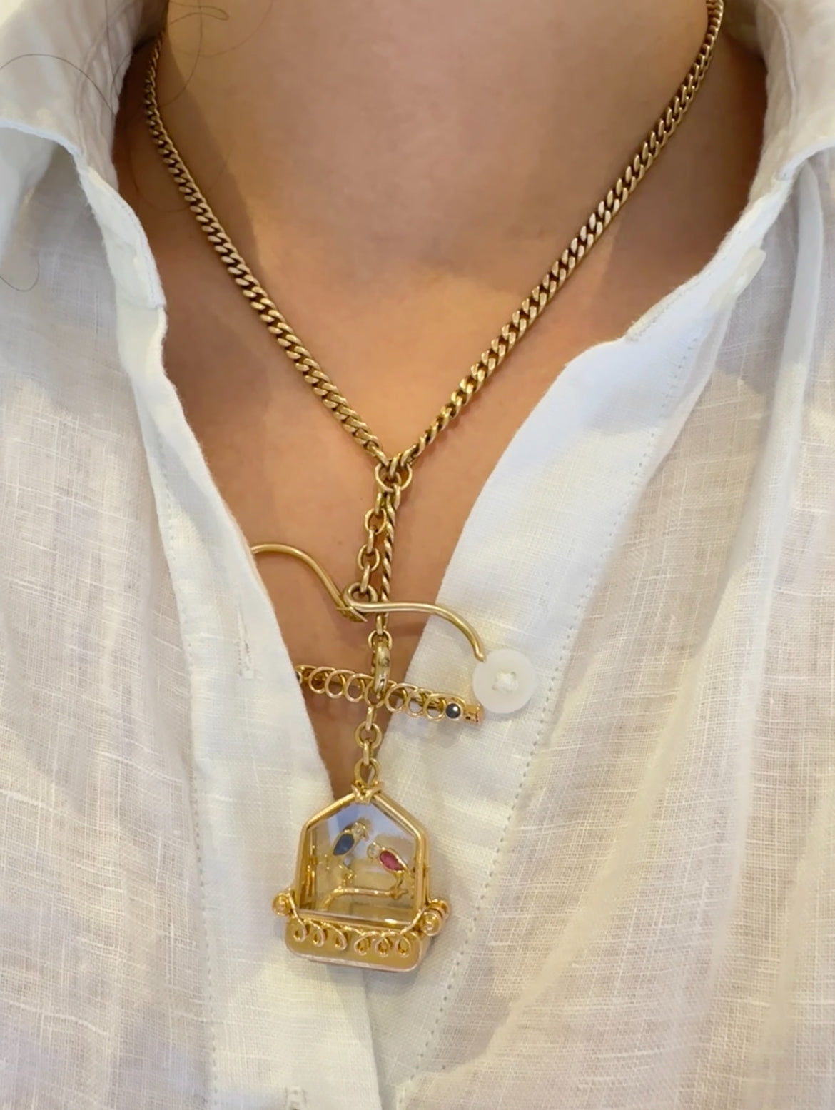 Vintage UTI 18K Gold French Ruby Sapphire Bird Cage Pocket Watch Pendant