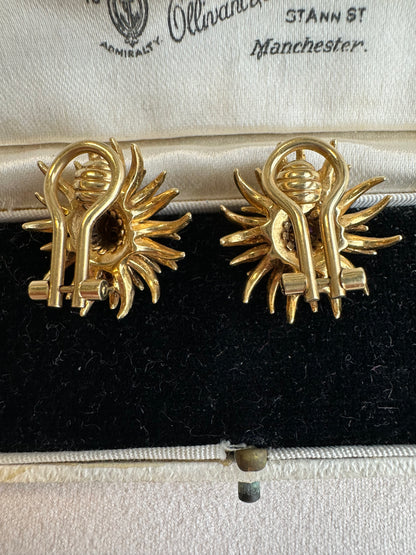 Vintage Kurt Guam 18K 金红宝石珐琅花朵耳环