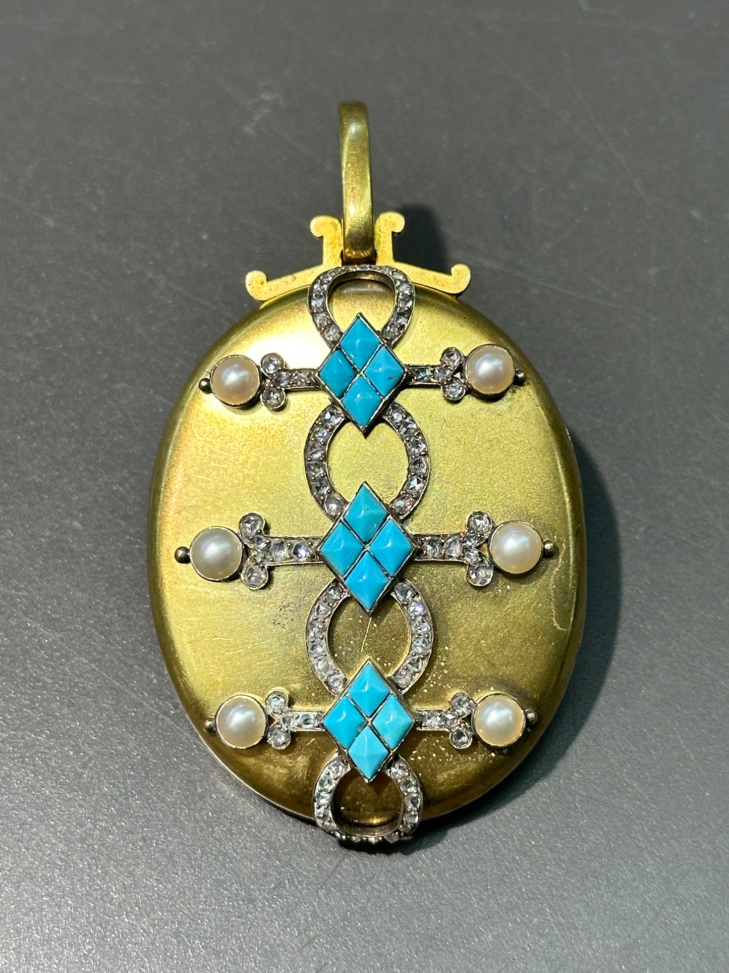 Victorian 18K Gold Turquoise Pearl Diamond Oval Locket Pendant