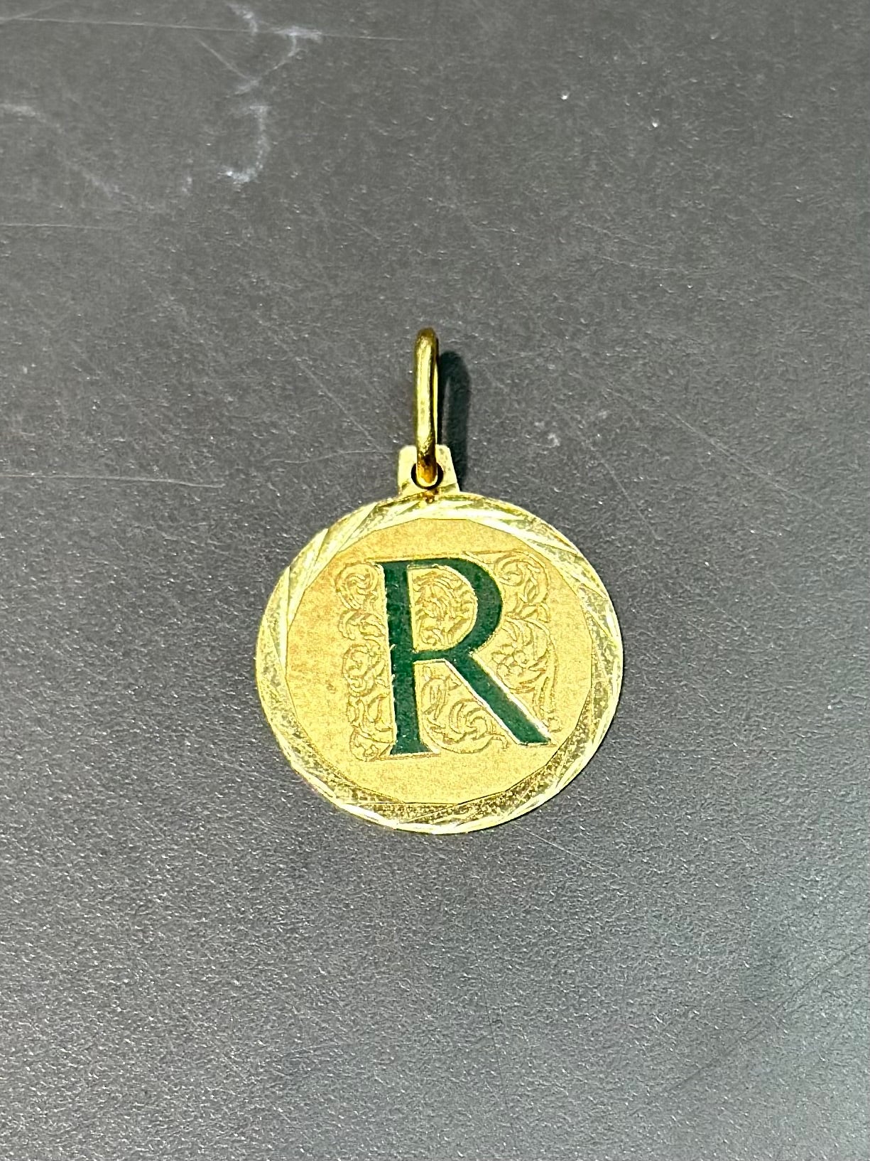 Vintage 14K Gold Enamel R Letter Pendant Charm