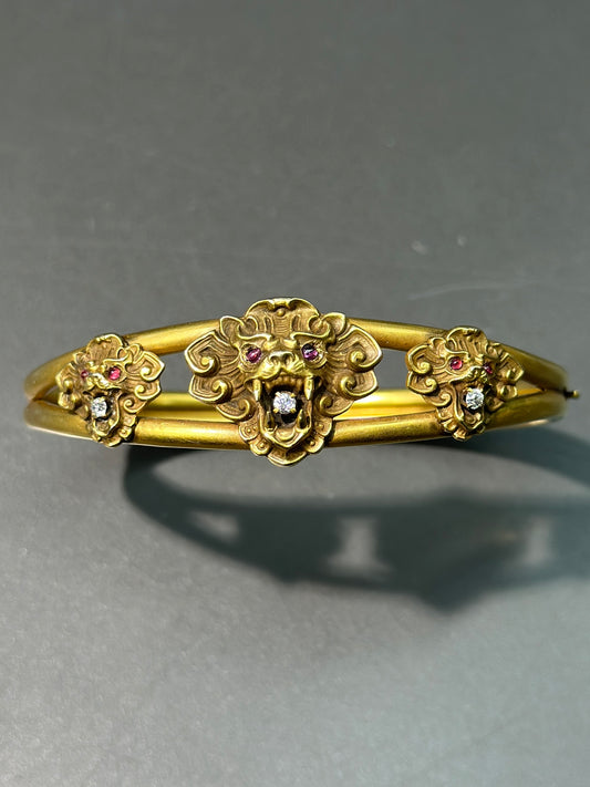 Victorian 14K Gold Triple Lion Garnet Diamond Bracelet Bangle