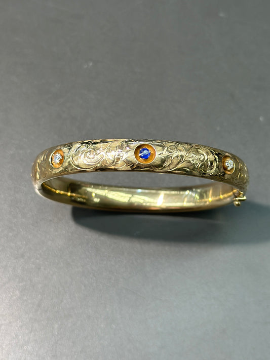 Art Nouveau 14K Gold Sapphire and Diamond Motif Bangle