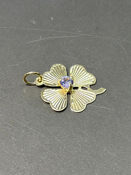 Vintage 14K Gold Tanzanite Engine Turned Clover Charm