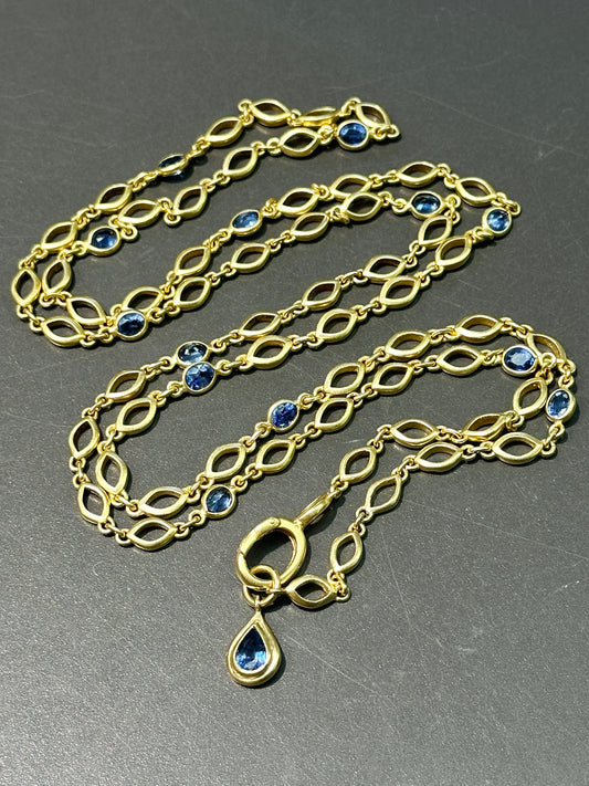 18K Gold Natural Sapphire Station Chain Necklace 33.5 inch