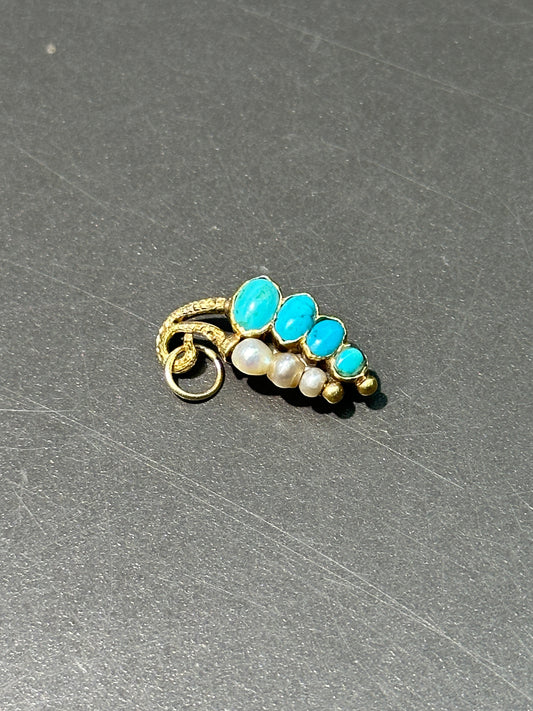 Victorian 14K Gold Pearl and Turquoise Butteryfly Charm