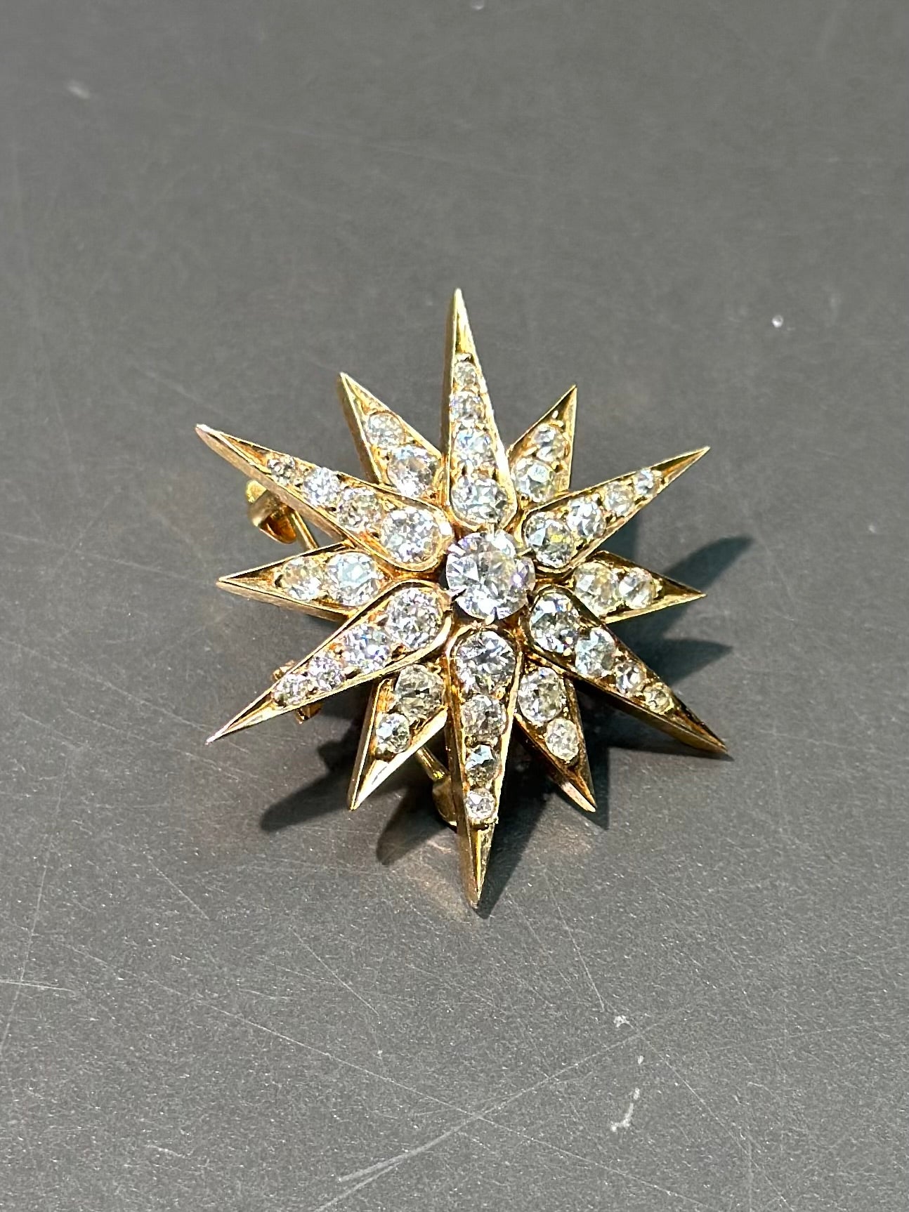 Victorian 14K Gold Diamond Starburst Pendant Brooch