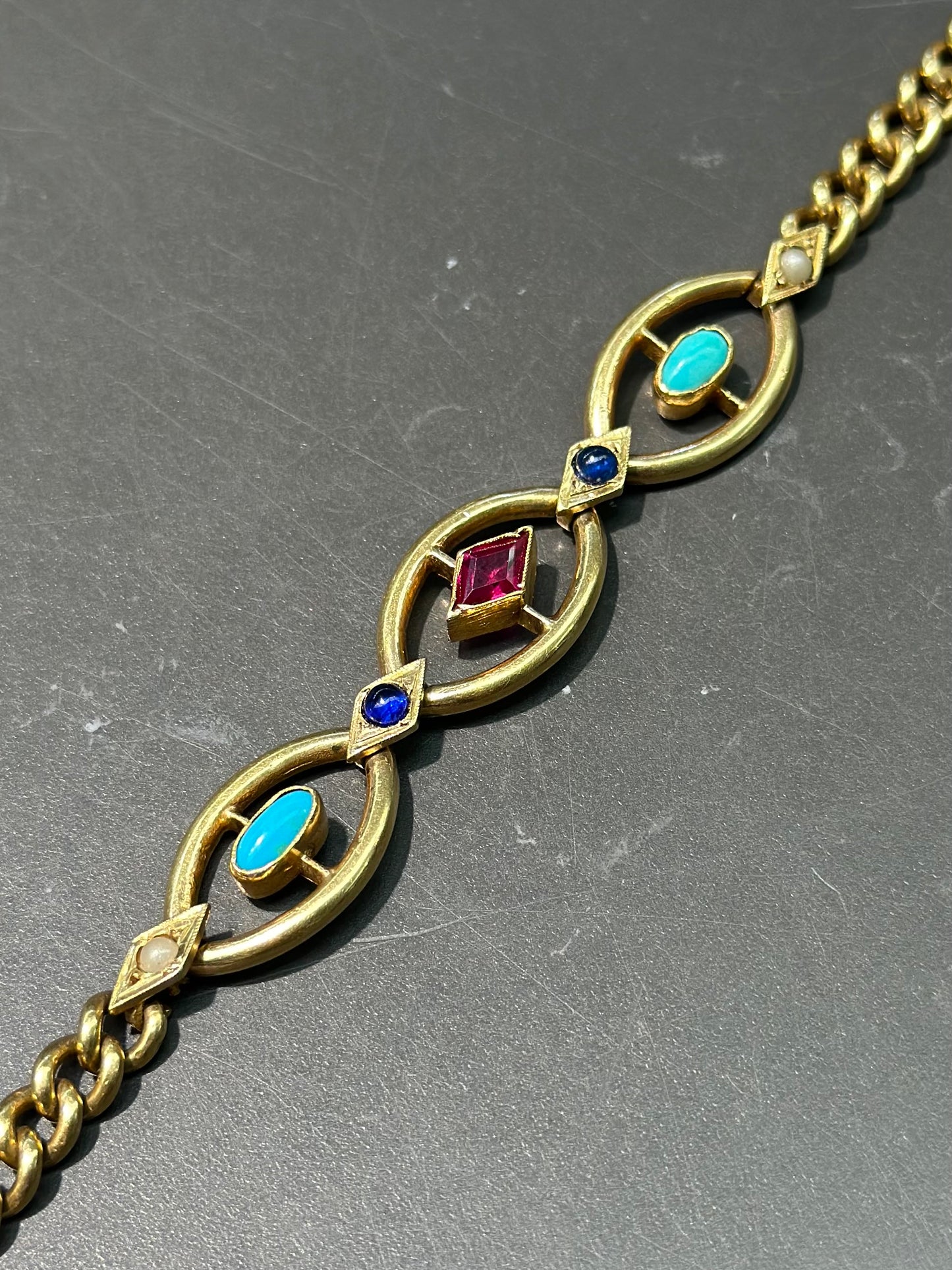 Edwardian 18K Gold Ruby Sapphire Turquoise Pearl Curb Link Bracelet