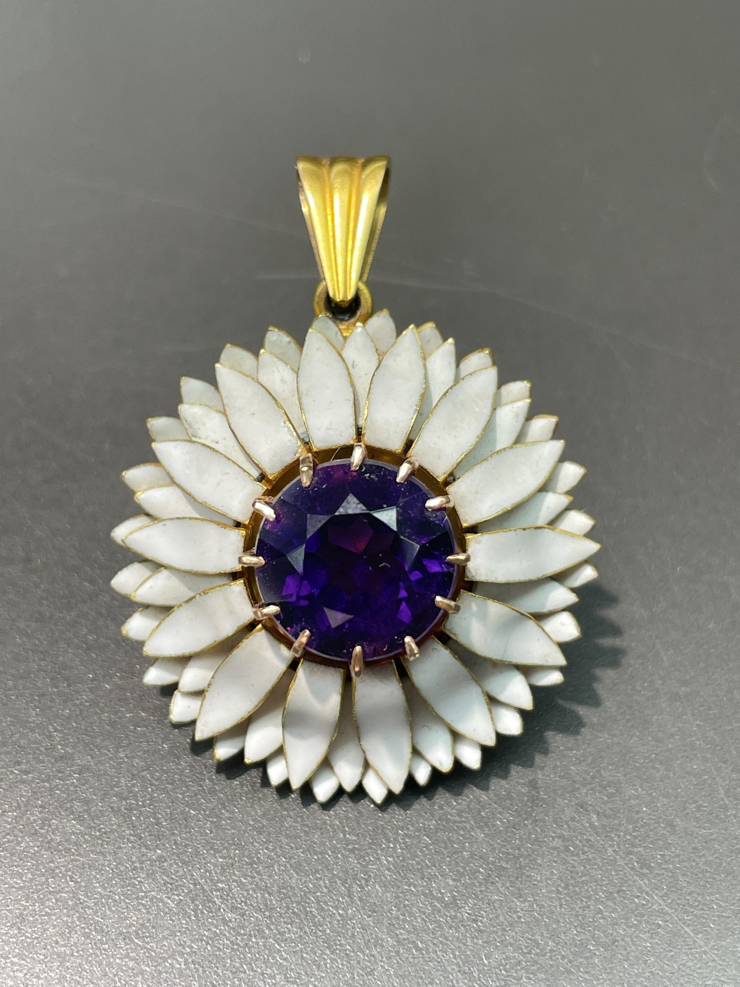 Victorian 18K Gold Amethyst White Enamel Flower Pendant
