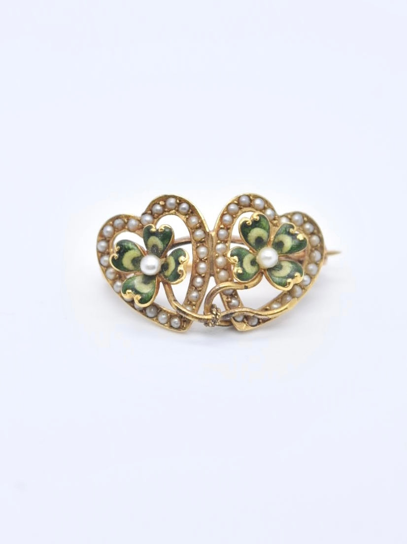 Art Nouveau 14K Gold Krementz & Co. Double Heart and Enameled Clover Seed Pearl Brooch