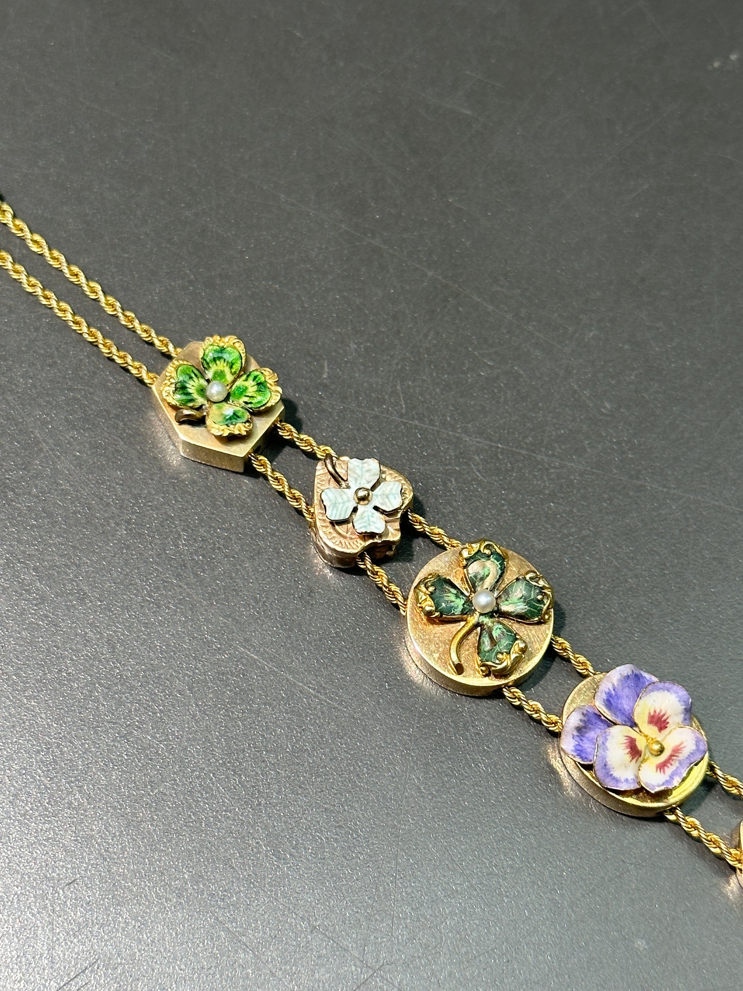 Art Nouveau 14K Gold Enameled Flower Charm Slide Bracelet