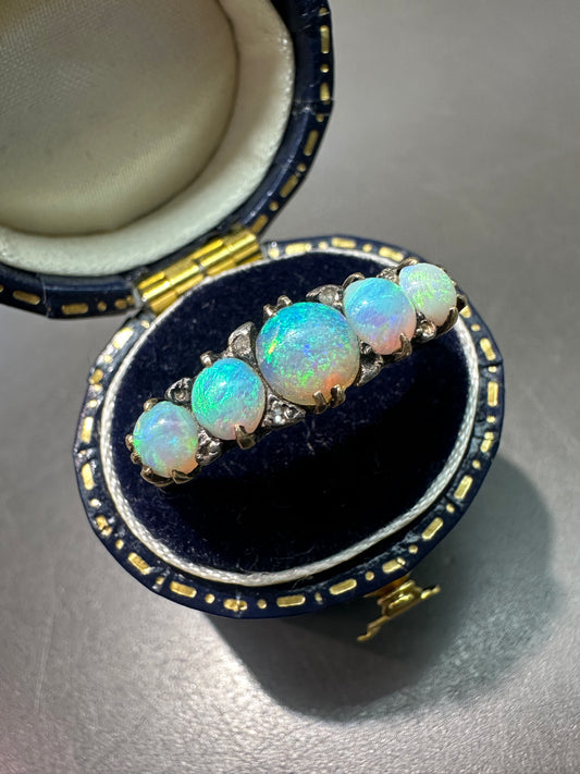 Antique Edwardian Five Stone Opal Diamond Ring
