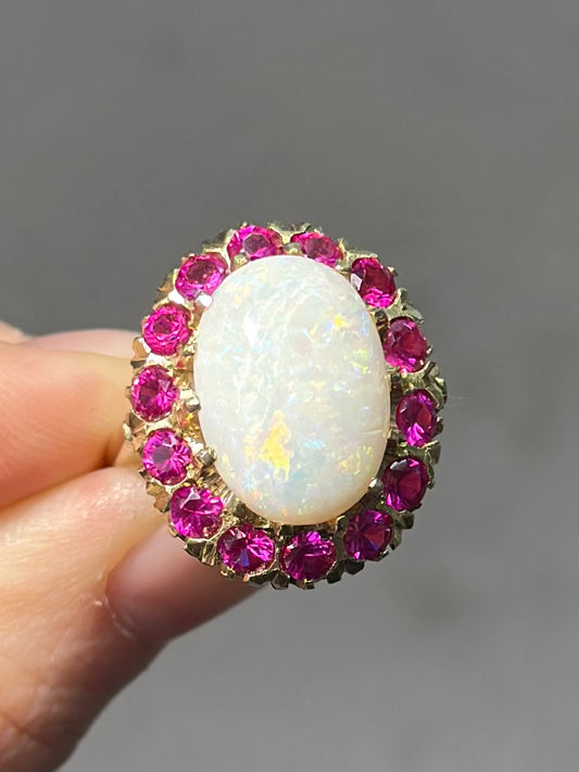 Vintage 14K Gold Opal and Synthetic Ruby Halo Ring Size 6.5