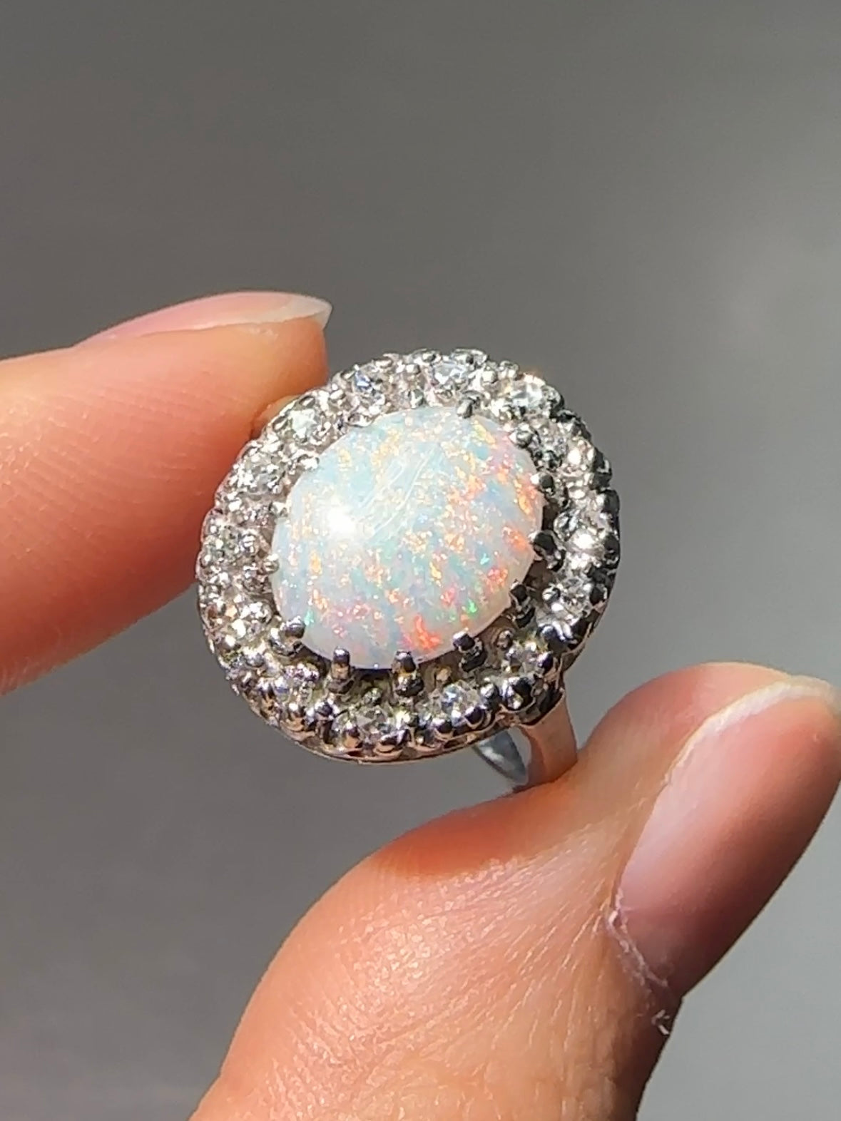 14K White Gold Opal Diamond Halo Ring