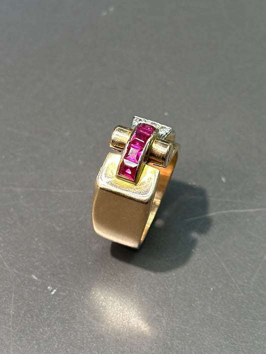 Retro 18K Gold Ruby and Diamond Tank Ring