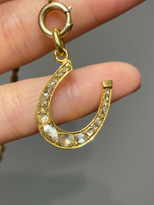 Antique 14K Yellow Gold Rose Cut Diamond Horse Shoe Pendant
