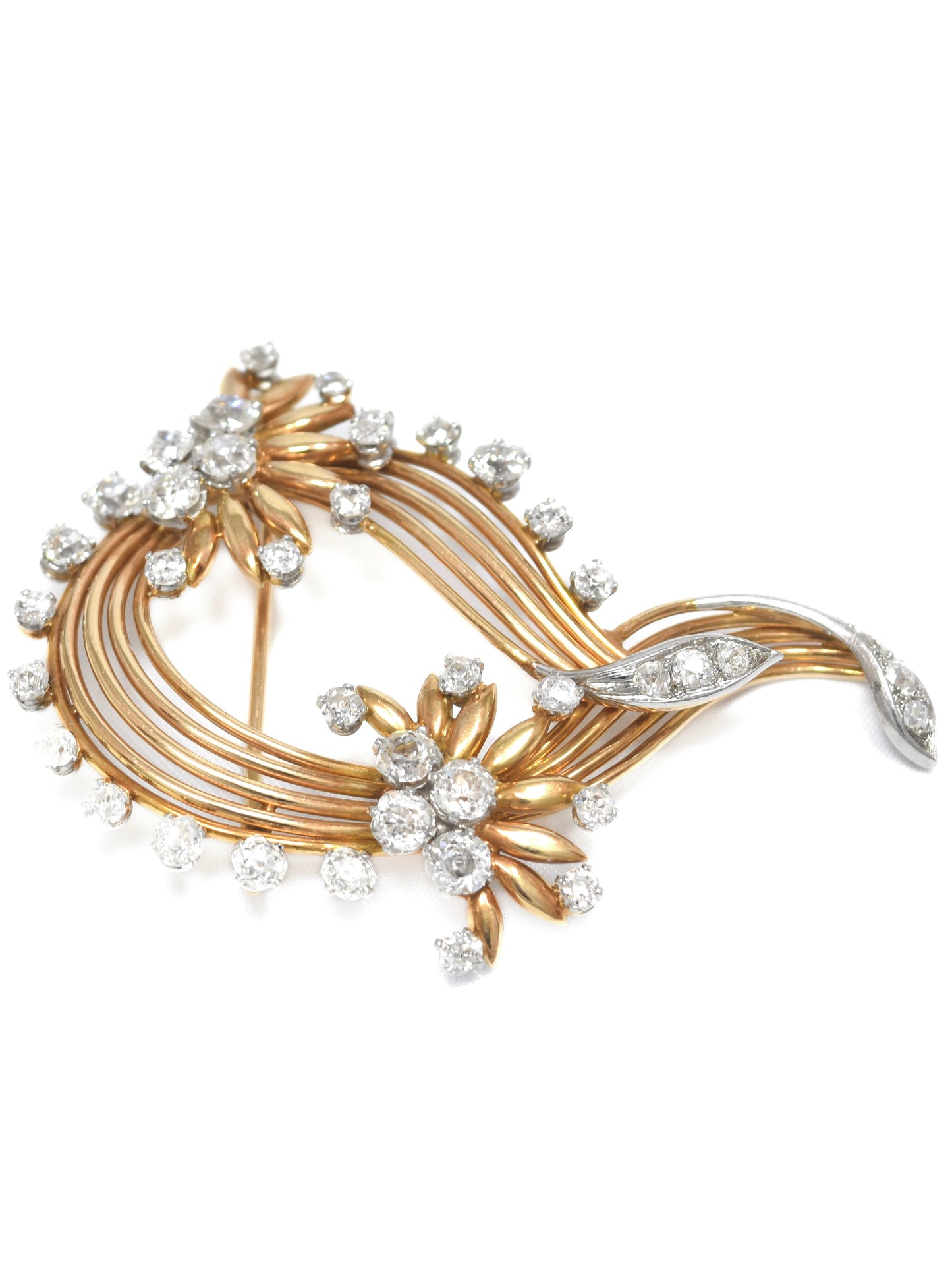 French 18K Gold 6.44 CTW Old Mine Cut Diamond Spray Brooch