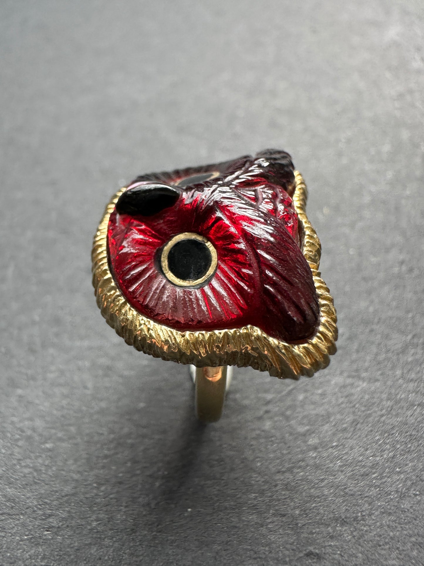 Diane Griswold 18K Yellow Gold Garnet Sculpted Owl Ring