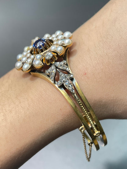 Bracelet antique en or 14 carats avec diamants saphir et perles naturelles antiques