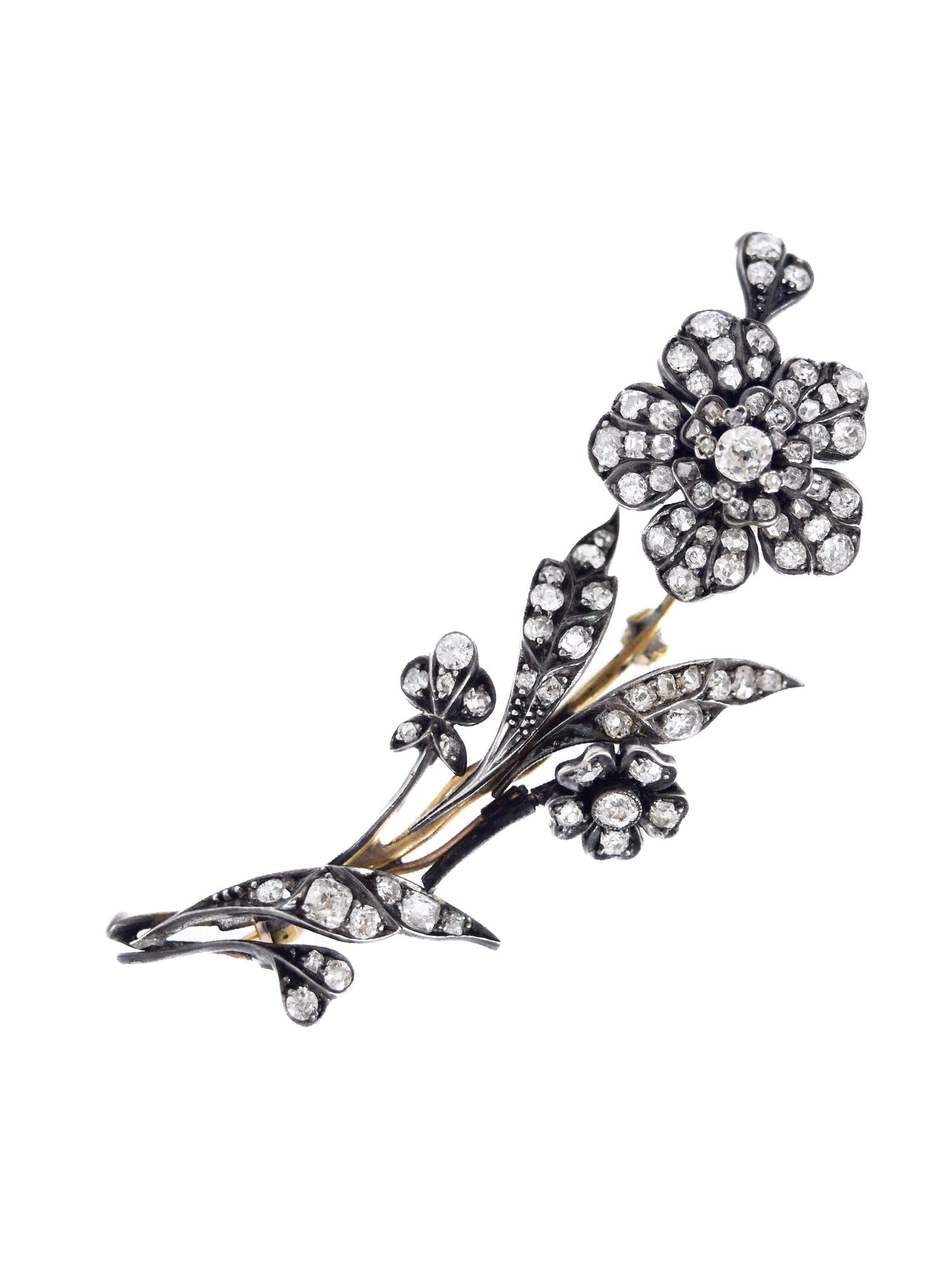Antique 14K Topped Silver 3.34 CTW Diamond Flower Tremblant Brooch