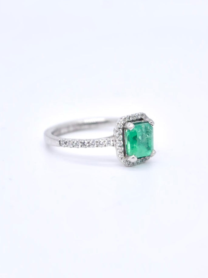 Platinum Emerald Cut Colombian Emerald and Diamond Halo Ring Size 6