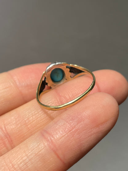 Antique French 18K Yellow Gold Turquoise Diamond Halo Ring