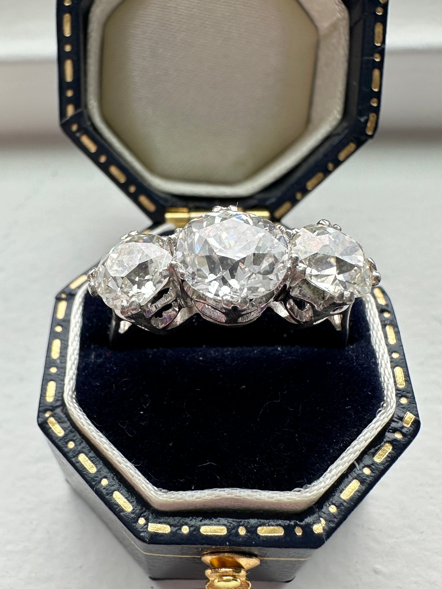 Antique Edwardian Platinum 3.61 CTW Three Stone Old European Diamond Ring