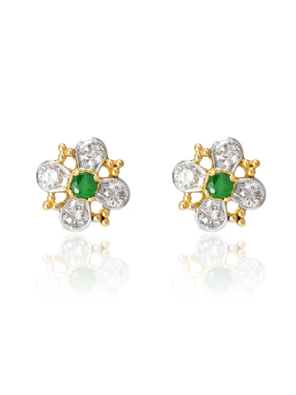 14K Gold Diamond Emerald Flower Cluster Earring