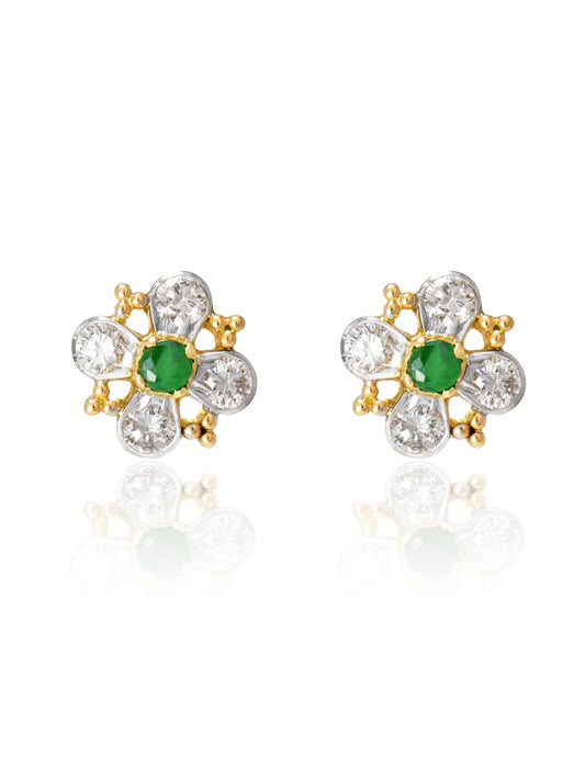 14K Gold Diamond Emerald Flower Cluster Earring