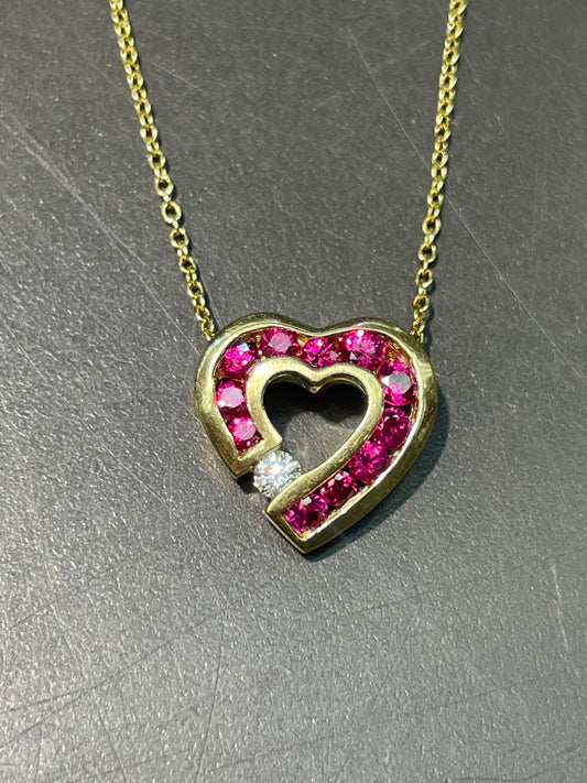 Charles Krypell 18K 金红宝石钻石心形滑动吊坠