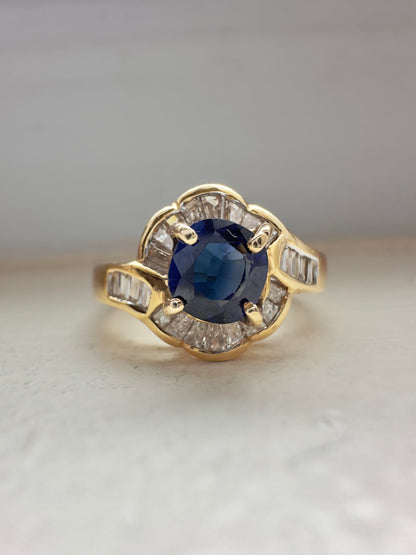 复古 14K 金蓝宝石钻石戒指