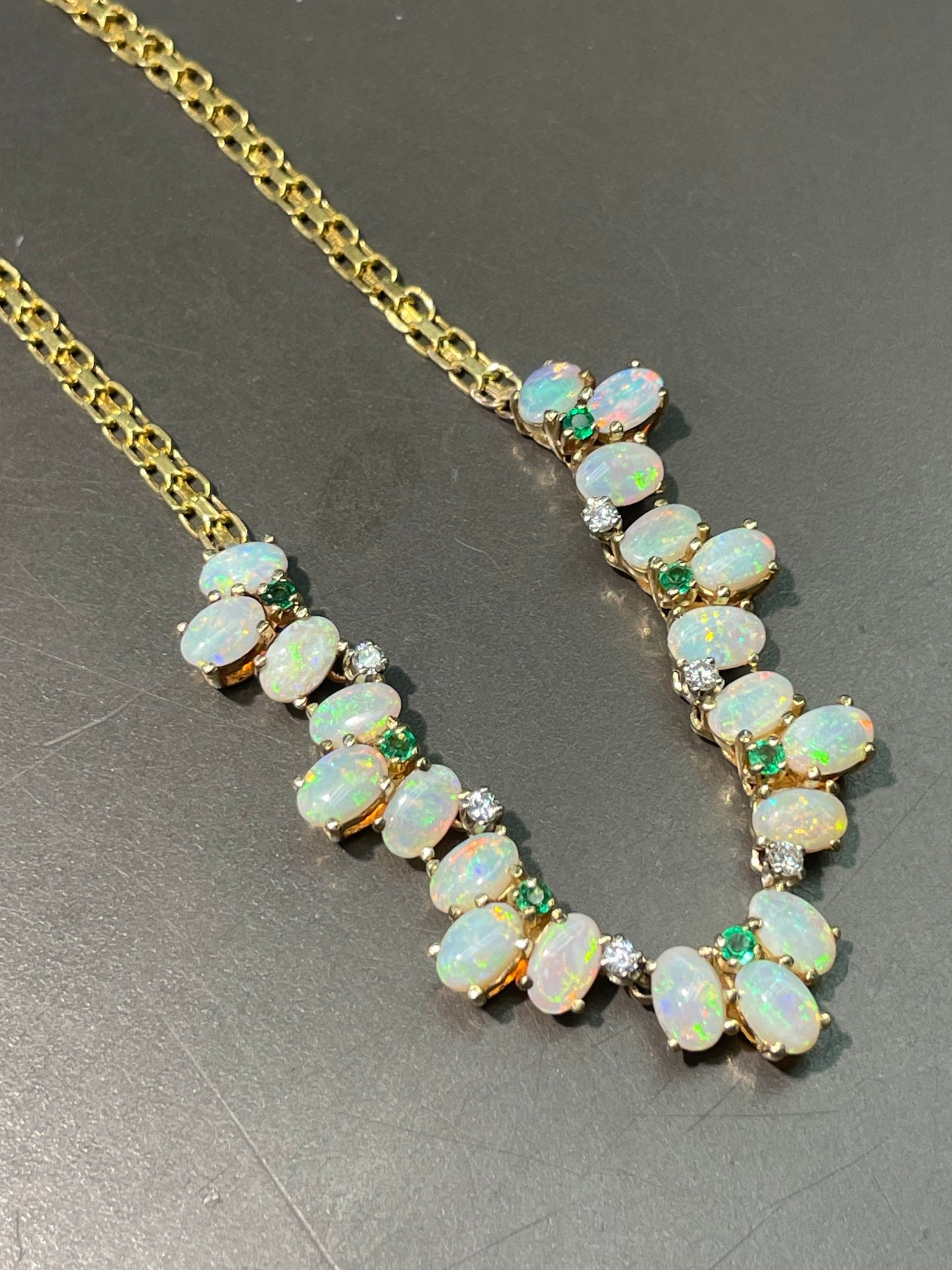 Vintage 14K Yellow Gold Opal Emerald Diamond Necklace