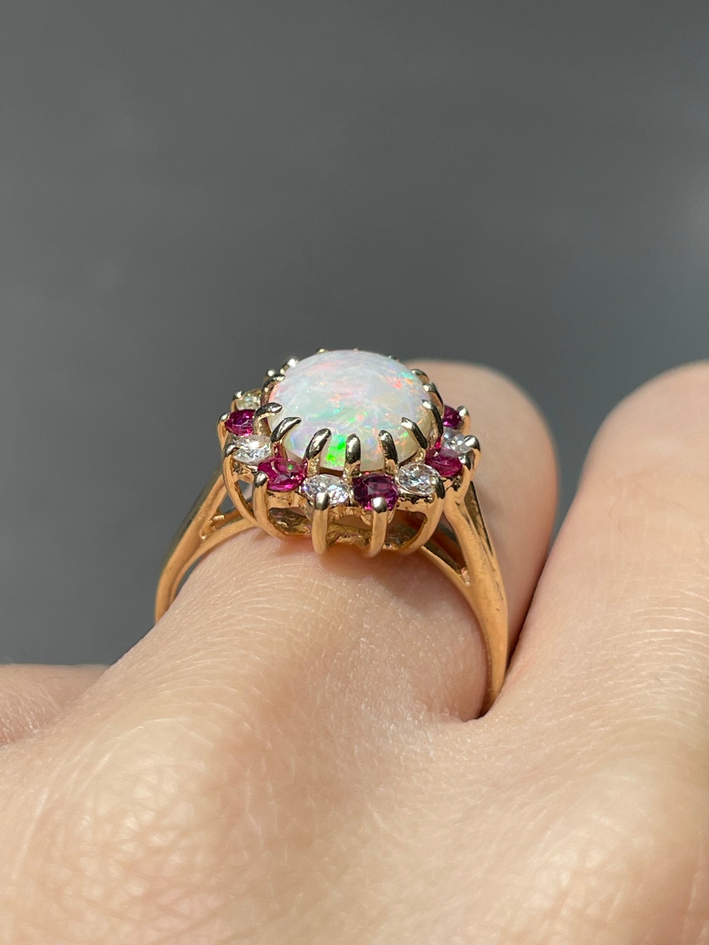 14K Yellow Gold Opal Ruby Diamond Halo Ring