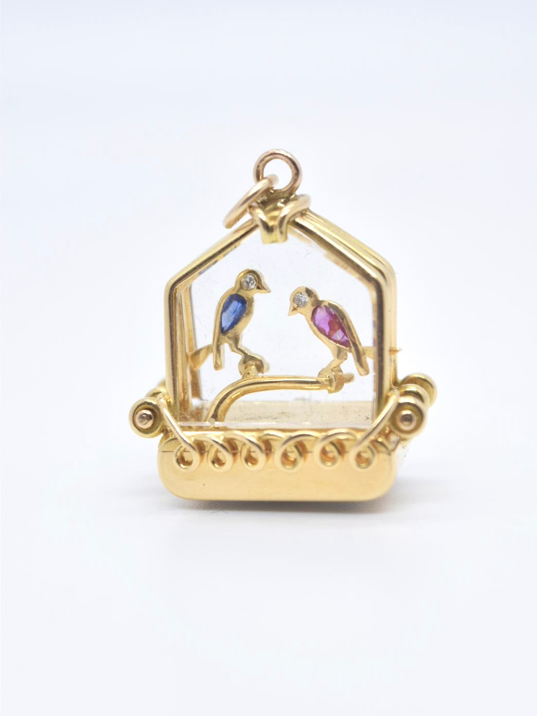 Vintage French 18K Gold UTI Sapphire and Ruby Bird Cage Fob Watch