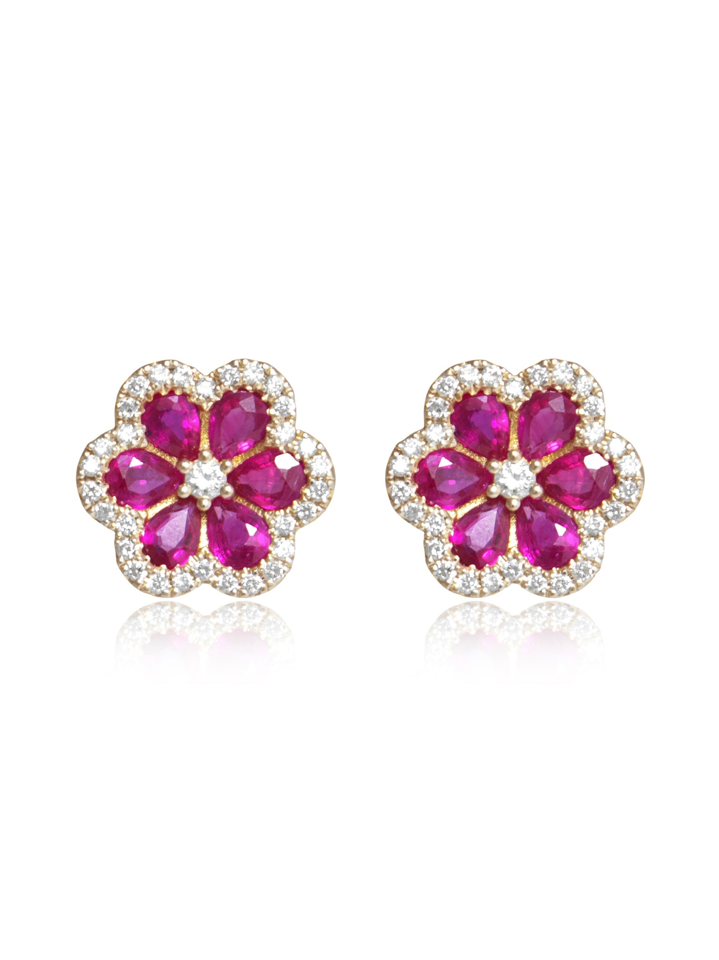14K Gold Ruby Diamond Flower Stud Earring