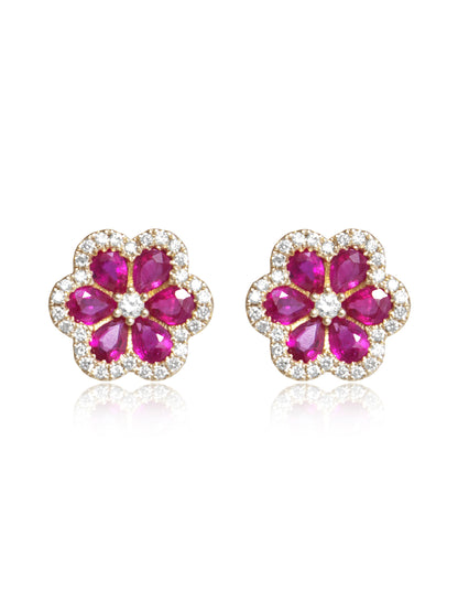 14K Gold Ruby Diamond Flower Stud Earring