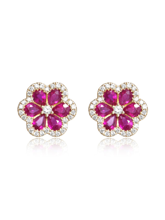 14K Gold Ruby Diamond Flower Stud Earring