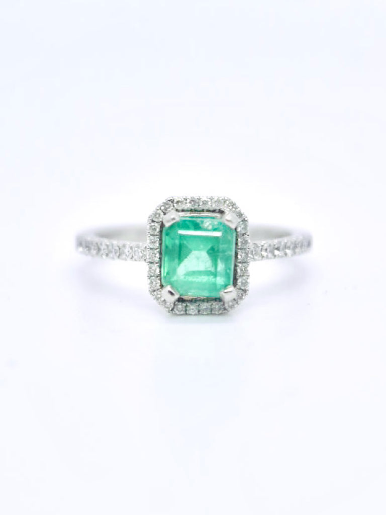 Platinum Emerald Cut Colombian Emerald and Diamond Halo Ring Size 6