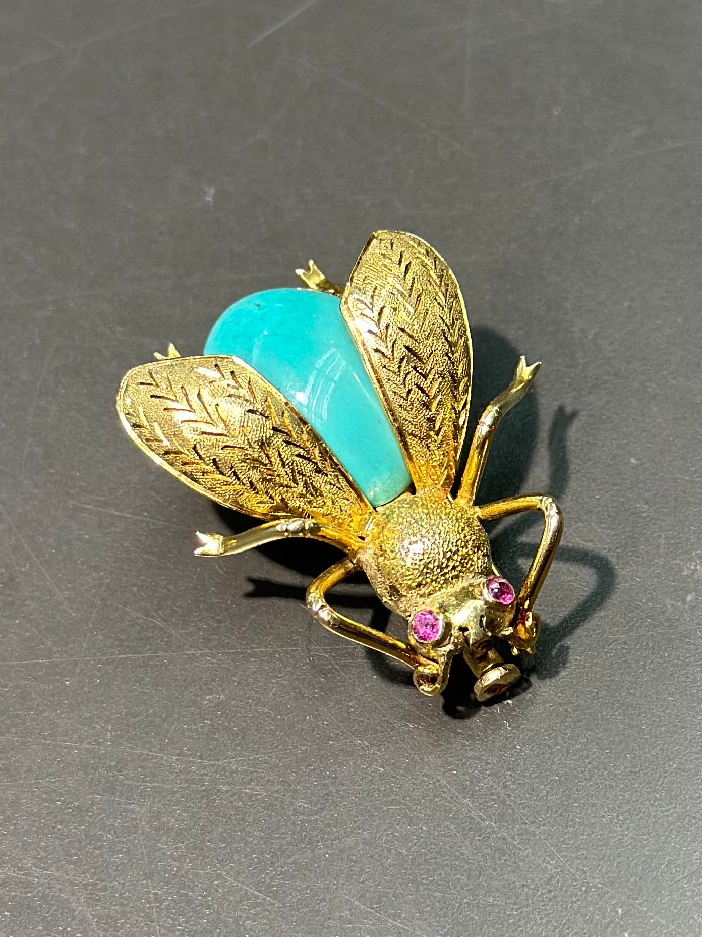 复古 14K 金绿松石和红宝石虫子吊饰