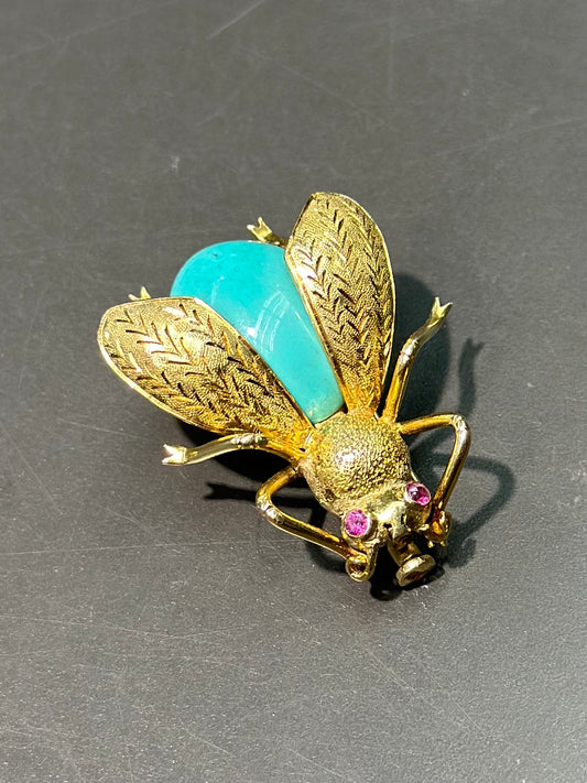 复古 14K 金绿松石和红宝石虫子吊饰