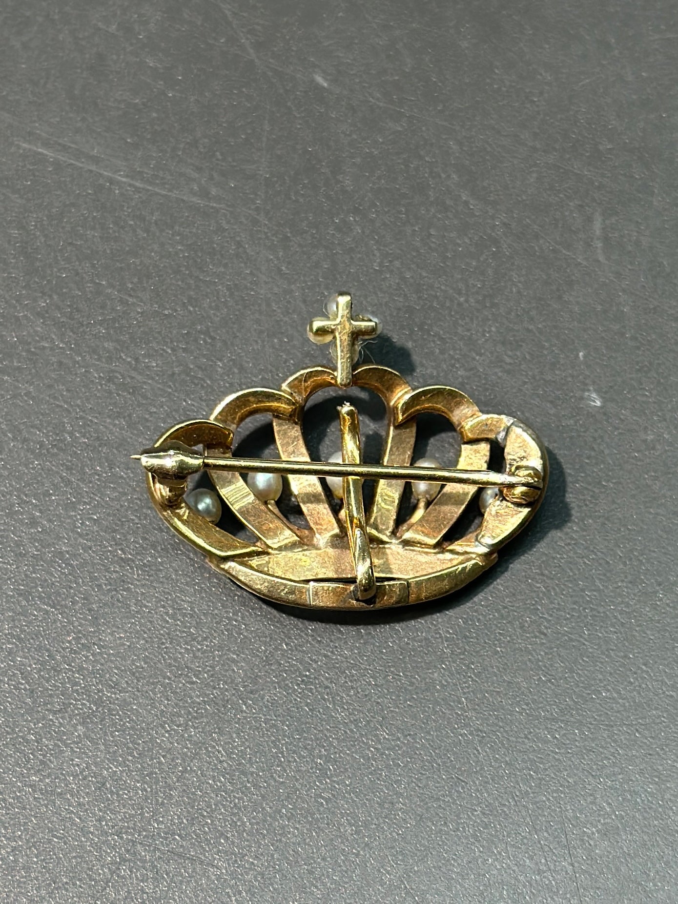 Antique 14K Gold Seed Pearl Crown Brooch