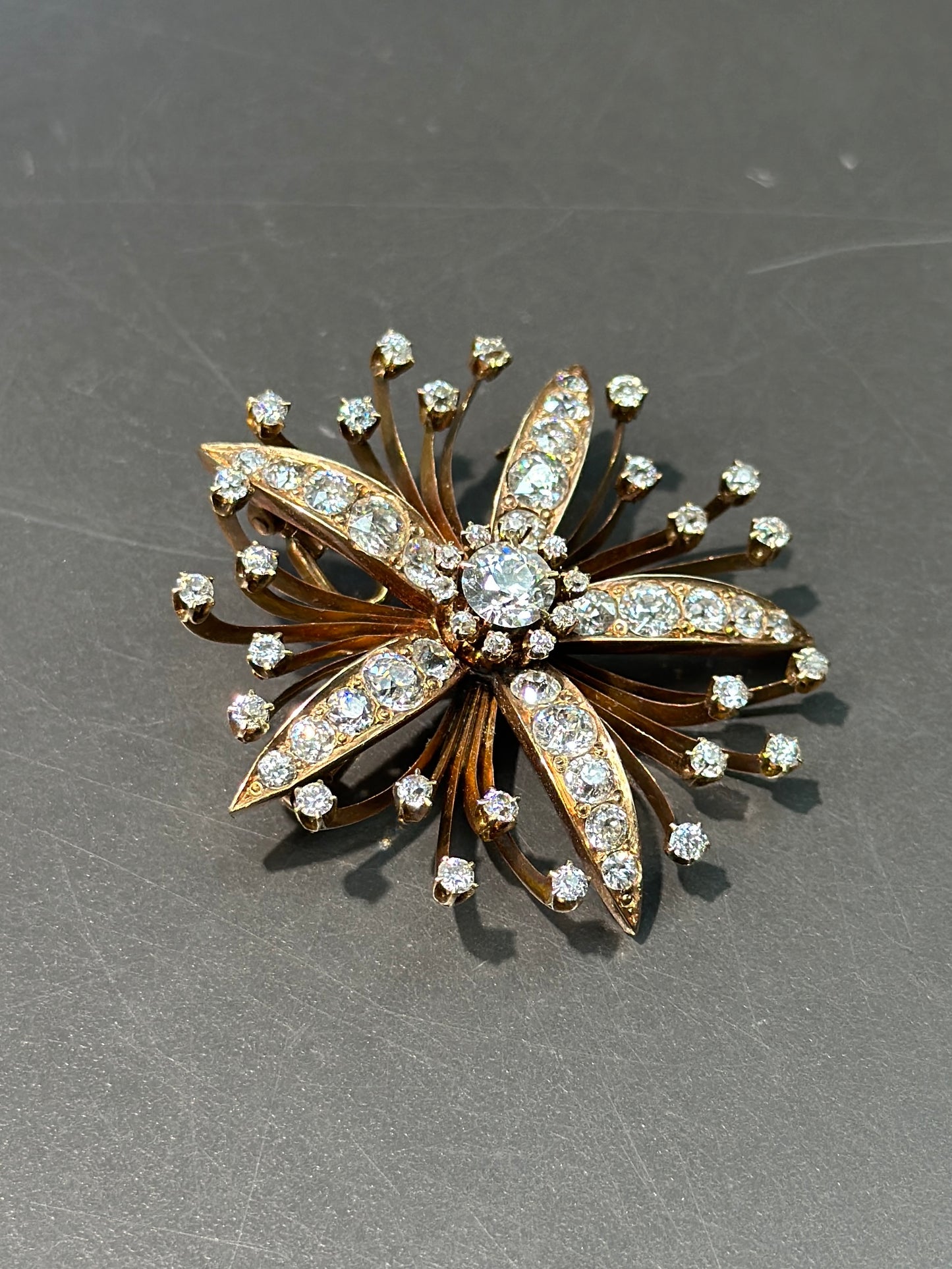 Victorian 14K Gold Diamond Star Flower Brooch Pendant