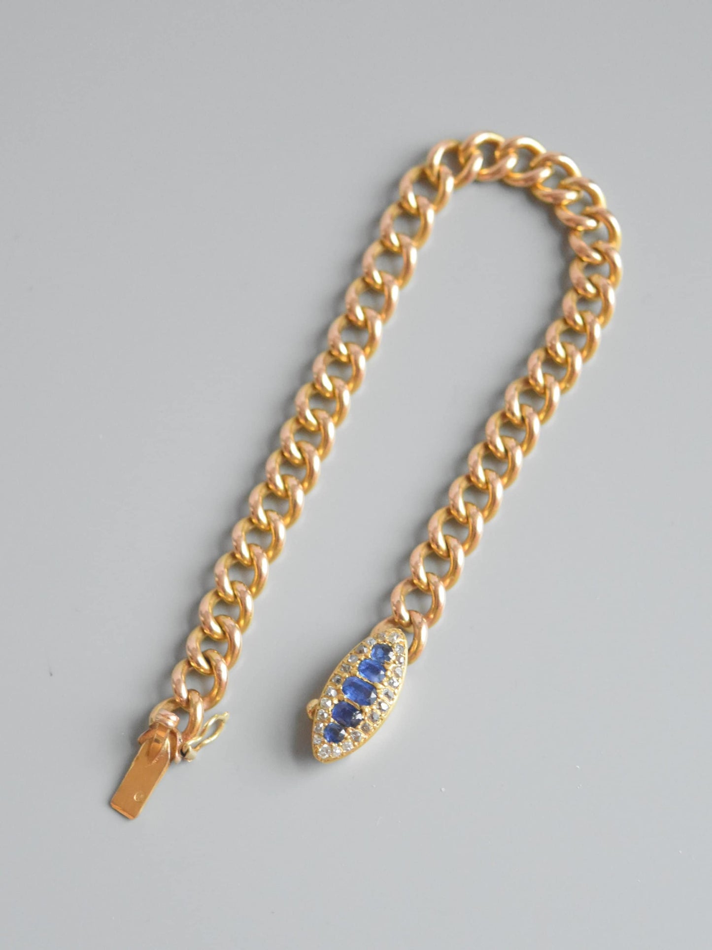 Antique French 18K Gold Sapphire Diamond Curb Link Bracelet